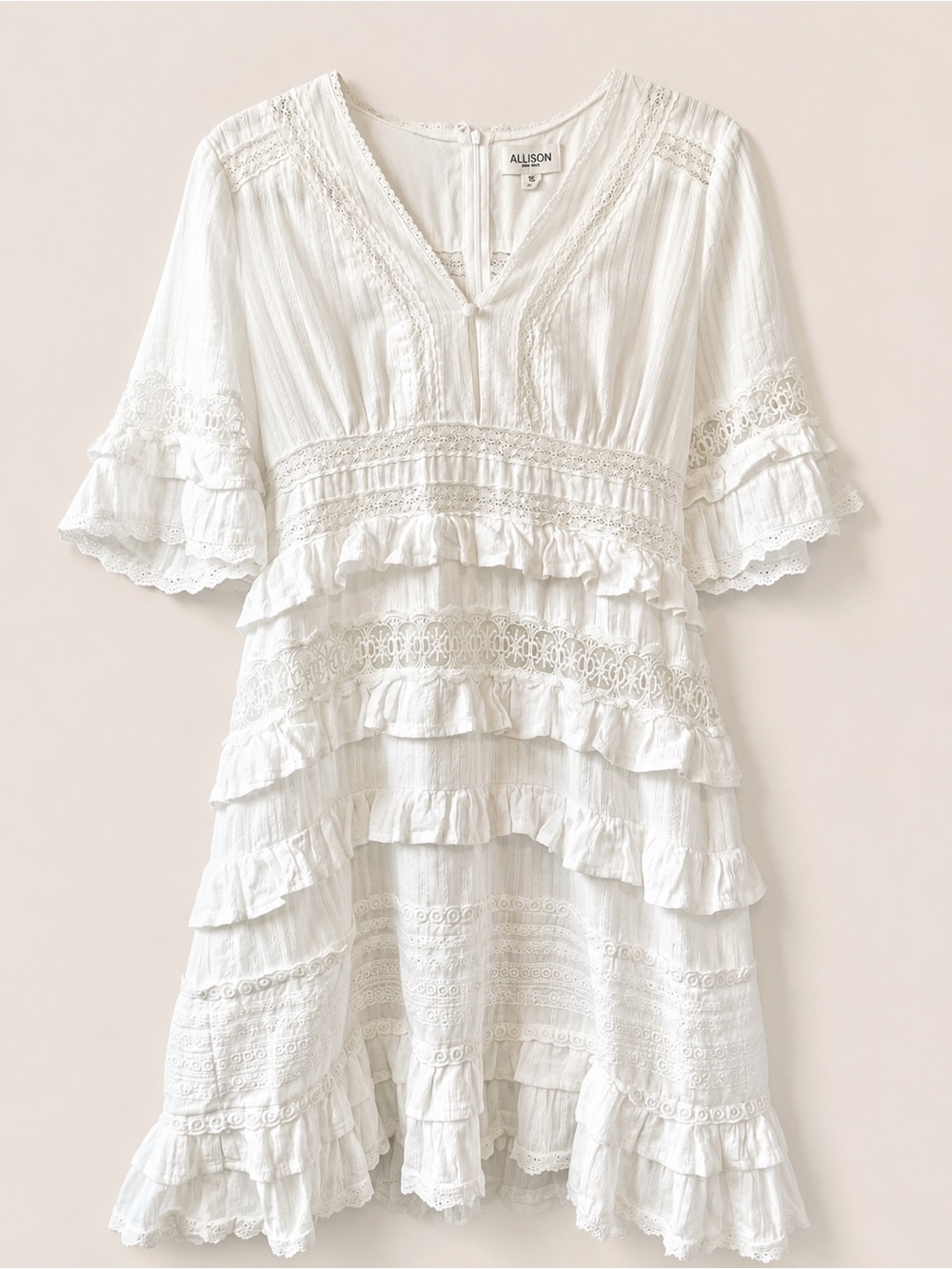Allison New York White Lace Ruffle Boho Cotton Mini Dress | Women’s Size S